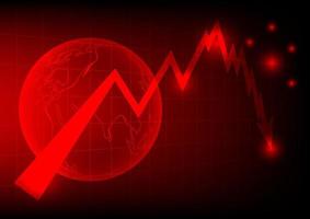 röd pil graf drop pil ned med världskarta på röd bakgrund. pengar att förlora. aktiekris och finanskoncept. vektor