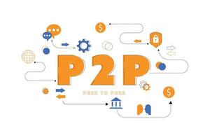 bokstaven eller ordet i p2p peer to peer med ikonen för presentation, webbbanner, artikel. cryptocurrency överföring pengar och högsäkerhetskoncept. vektor