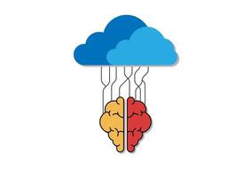 cloud-datenspeicherkonzept. blaue Wolke mit rotem und orangefarbenem Gehirn. Kommunikation von Geschäft und Finanzen. Daten in den Speicher übertragen. vektor