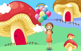 Ein Mädchen mit Ballons in der Nähe der Pilzhäuser vektor
