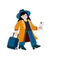 Frau am Flughafen. Mädchen mit Koffer hat es eilig. Gepäck und Gepäck. Fahrkarte in der Hand. flache karikatur lokalisiert auf weiß. weibliche Figur macht Urlaub vektor