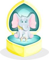 Ein süßer und verliebter Elefant sitzt in einer Schachtel mit einem Ring. Liebeserklärung vektor
