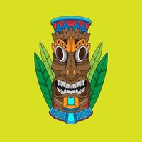 design av trendig hawaii trä tiki mask för surfbar. traditionell etnisk idol och hawaiisk surf, maori eller polynesisk vektor