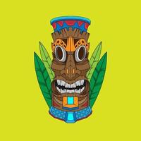 Design einer trendigen Hawaii-Tiki-Holzmaske für die Surfbar. traditionelles ethnisches Idol und hawaiianische Brandung, Maori oder Polynesier vektor