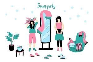 kläder swap party illustration isolerad på vit bakgrund. vänner byter sina kläder och skor. två trevliga kvinnor på ett miljövänligt evenemang. lägenhet med golvspegel, krukväxt och fåtölj vektor