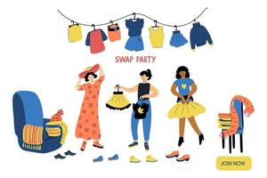 swap party illustration isolerad på vit bakgrund. vänner byter sina kläder och skor. tre trevliga kvinnor på ett miljövänligt evenemang. mall för målsida. vektor