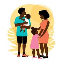 vacker svart mamma och pappa med syskon, bra design för alla ändamål. lycklig familjefritid. relationen mellan barn och föräldrar. sommar bakgrund. vektor
