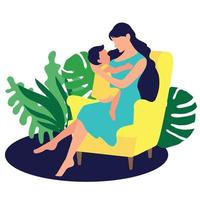 Eine junge Mutter mit einem Baby im Arm sitzt auf einem Stuhl. Mutterschaft. zu hause bleiben mama. eine Hausfrau. natürlicher hintergrund mit blättern monstera und pflanzen. vektor