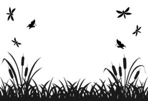 schwarze Silhouette aus Sumpfgras mit fliegenden Insekten, Seeschilf.