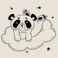 süßer panda liegt auf wolke. Vektor-Illustration. Charakter - süßes Tier. lineares handzeichnungsgekritzel für kindersammlung und postkarten, design, dekor und druck vektor