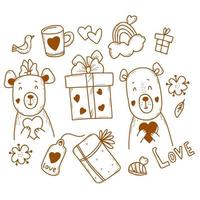 uppsättning söta björnar och kärlek. flicka och pojke björn med hjärta i tassar, presenter och regnbåge, blommor och fågel. vektor illustration. isolerade handritad linjär doodles stil för design, inredning, alla hjärtans dag