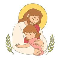 Jesus umarmt ein kleines Mädchen, fühlt Liebe und Fürsorge in den Armen des Retters. vektor