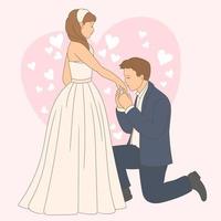 Bräutigam kniet vor seiner Frau und küsst der Braut die Hand vektor