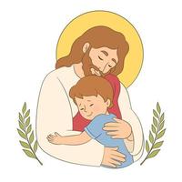 Jesus umarmt einen kleinen Jungen und fühlt Liebe und Fürsorge in den Armen des Retters. vektor