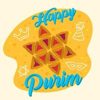 Glad Purim. judisk semesteraffisch med davidsstjärna, traditionella hamantaschenkakor. vektor