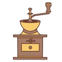 Vektorsymbol für antike manuelle Kaffeemühle. hand gezeichnete farbillustration lokalisiert auf weißem hintergrund. Küchenwerkzeug zum Mahlen von Kaffeebohnen. Metallbesteck mit Holzgriff. flache Cartoon-Cliparts vektor