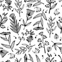 wilde Blumen und Feldkräuter nahtloses Vektormuster. handgezeichnete Elemente auf weißem Hintergrund. Pflanzen mit Blütenständen, runden Beeren. Zweige mit Blättern, Samen. einfarbiger botanischer hintergrund. vektor
