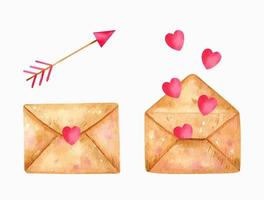alla hjärtans dag akvarell set. stängt kuvert med kärleksbudskap och öppet kuvert med flygande röda hjärtan. Amors pil. perfekt för ditt projekt, gratulationskort, inbjudningar, inredning. vektor