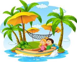 isolerad strandö med barn på uppblåsbar båt vektor