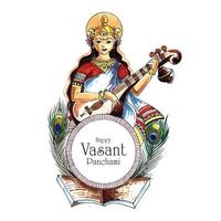 indischer gott saraswati maa auf vasant panchami religiösem festivalhintergrund vektor