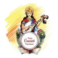 indischer gott saraswati maa auf vasant panchami religiösem festivalhintergrund vektor