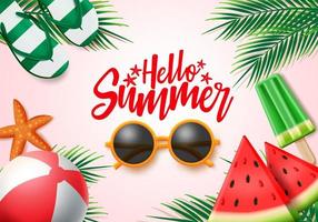 sommar vektor banner design. hej sommarhälsningstext med färgglada strandelement som solglasögon, badboll, popsicle och palmblad för semesterperioden. vektor illustration.