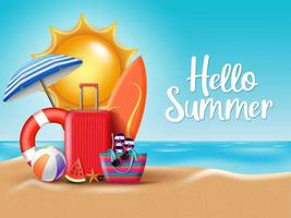 sommar vektor design. hej sommarhälsningstext på stranden med färgglada strandinslag av sol, bagage, boll, väska, vattenmelon, paraply och surfbräda i sand. vektor illustration.