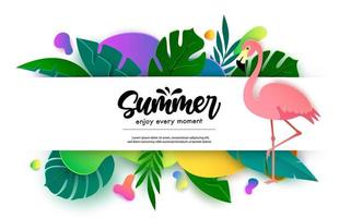 sommar vektor banner mall design. sommaren njut av varje ögonblick text i tomt vitt utrymme med flamingo och natur växtblad element för tropisk säsong dekoration. vektor illustration