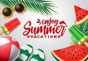 sommar vektor banner design. sommarlovstext med strandelement och tropiska frukter som vattenmelon och popsicles i vit bakgrund för semesterperioden. vektor illustration.