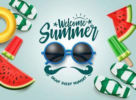 sommar vektor banner design. välkommen sommartext med solglasögon, tropiska frukter och strandelement för semesterperioden. vektor illustration.