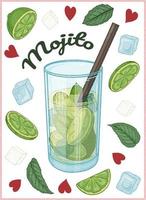 Cocktail-Mojito mit Limette, Minze und Eiswürfeln. buntes Plakat. Vektor-Illustration. vektor