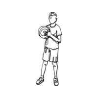 junger fußballspieler mit einem ball eine durchgehende strichzeichnungsvektorillustration lokalisiert auf weißem hintergrund. minimalistisches Designkonzept. vektor