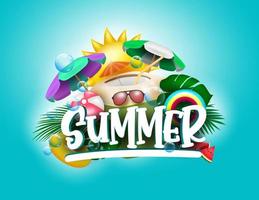 Sommer-Vektor-Banner-Design. sommertext mit tropischen jahreszeitelementen wie kokosnusssaft, regenschirm, schwimmer und beachball für urlaub in der ferienzeit. Vektor-Illustration vektor