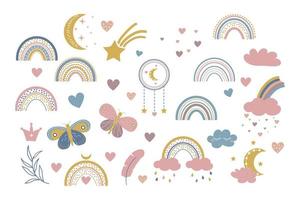 Vektor-Boho-Cliparts für Kinderzimmerdekoration mit niedlichen Regenbogen und Mond, Wolke, Traumfänger. kritzeln sie moderne illustration. Perfekt für Babyparty, Geburtstag, Kinderparty. Vektor-Illustration vektor