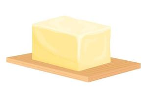 Backstein Butter auf Holzbrett im Cartoon-Stil auf Hintergrund isoliert. Margarinescheiben oder Brotaufstrich, fetthaltiges natürliches Milchprodukt. kalorienreiche Lebensmittel zum Kochen und Essen, Markteinführung. vektor