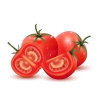 färsk tomat. hela och halva skurna tomater isolerad på vit bakgrund. vegetabilisk, vegetarisk, vegansk hälsosam ekologisk mat. realistisk 3d vektorillustration. vektor
