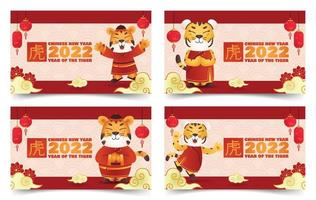 2022 kinesiskt nyårs gratulationskort och banderollpaket, tigerns år. med söt tigermaskotkaraktär och stjärnstämpel. vektor