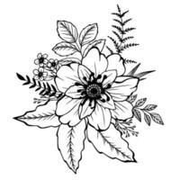 hand gezeichneter blumen- und blattstrauß lokalisiert auf weiß. Vektorlinie Kunst monochrome elegante Blumen, T-Shirt, Tattoo-Design, Malseite, Hochzeitsdekoration. vektor