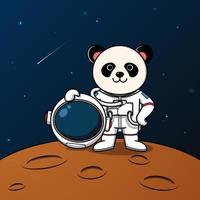 süßer panda-astronaut, der auf der mondillustration steht vektor