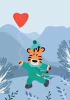 süßer tiger genießt eislaufen mit herzförmigem ballon vektor