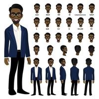 seriefigur med afrikansk amerikansk affärsman i smart kostym för animation. framsida, sida, baksida, 3-4 vykaraktär. separata delar av kroppen. platt vektorillustration. vektor