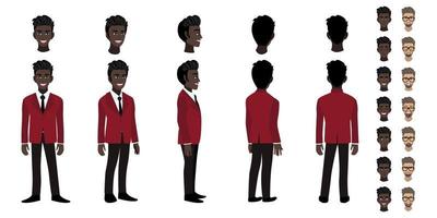 afrikansk amerikansk affärsman seriefigur headset och animation design. fram, sida, baksida, animerad karaktär med 3-4 vyer. platt vektorillustration. vektor