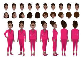 afrikansk amerikansk affärskvinna seriefigur headset och animation design. fram, sida, baksida, animerad karaktär med 3-4 vyer. platt vektorillustration vektor