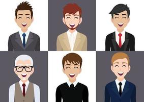 glücklicher arbeitsplatz mit lächelnder männerkarikaturfigur im bürokleidungsdesignvektor vektor
