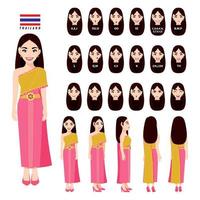 thailands hona i traditionell kostym för animation. fram, sida, baksida, 3-4 vykaraktär, läppsynk och poser. seriefigur platt vektor