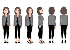 Zeichentrickfigur mit Geschäftsfrau im Anzug für Animation. vorne, seitlich, hinten, 3-4 Ansichtszeichen. flache Vektorillustration. vektor