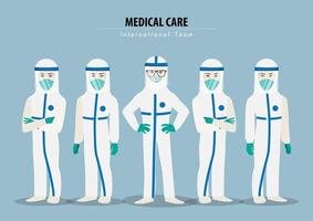 seriefigur med professionella läkare som bär skyddssvit och står tillsammans för att bekämpa coronavirus platt ikon design vektor