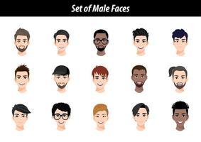 uppsättning av manliga ansikte avatar porträtt isolerad på vit bakgrund. internationella män människor huvuden platt vektorillustration. vektor