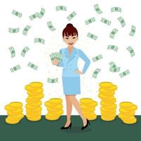 rik affärskvinna som kastar upp pengar. framgångsrik affärsidé seriefigur design vektor