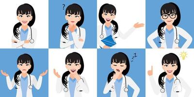 Cartoon-Zeichensatz für Ärztin, Ärztin in verschiedenen Posen, medizinisches Personal oder Krankenhauspersonal. Flaches Ikonendesign der Doktorkarikatur auf einem weißen und blauen Hintergrundvektor vektor